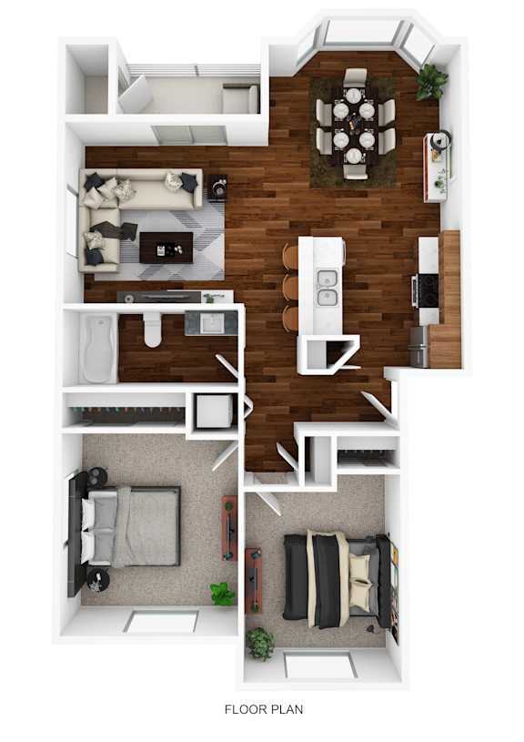 A floor plan of an apartment with a living room, dining room, kitchen, and two bedrooms.