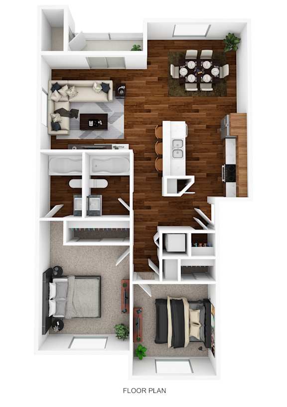A floor plan of a two-bedroom apartment with a living room, kitchen, and bathroom.