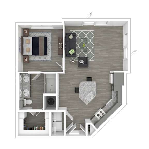 Floor Plan  A top-down view of a modern apartment layout with a kitchen, living room, and bedrooms.