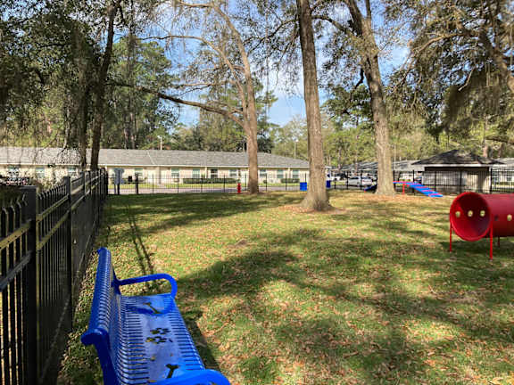 A blue bench sits in a grassy area next to a fence.