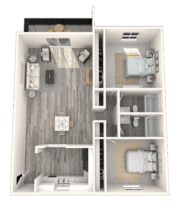 A 3D floor plan of a small apartment with a living room, kitchen, and two bedrooms.