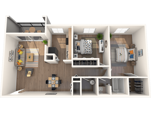 Apartments in Tampa, FL for Rent – Belara Lakes – 3D floorplan of our 2 bed, 1 bath, 971 sq. ft. Dove floorplan