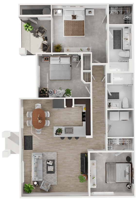 A top-down view of a house layout with a kitchen, living room, and bathrooms.
