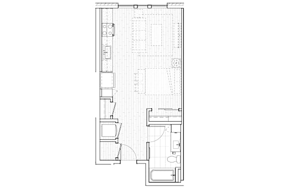 A floor plan of a house with a kitchen, living room, and bathrooms.