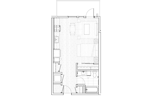 A floor plan of a house with a kitchen, living room, and two bedrooms.