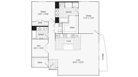 A floor plan of a house with a sleeping area, a living area, a den, a kitchen, a bathroom, and a lounge.