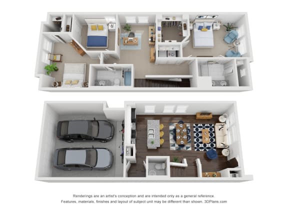 a stylized 3d floor plan and a 1 bedroom floor plan with a balcony