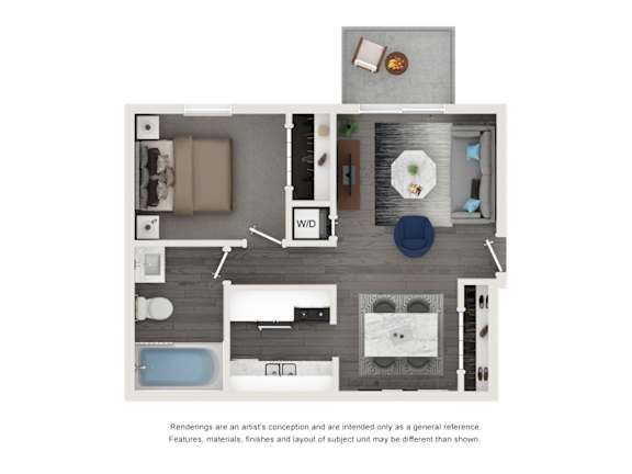 A floor plan of a small apartment with a kitchen, living room, and bathroom.