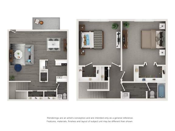Two images of a room with a kitchen and a living room.