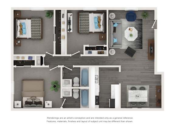 A top-down view of a living room, kitchen, and bathroom layout.
