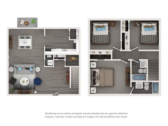 A floor plan of a two-bedroom apartment with a kitchen and living room.
