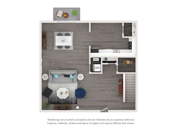 A top-down view of a kitchen with a dining table set for two.