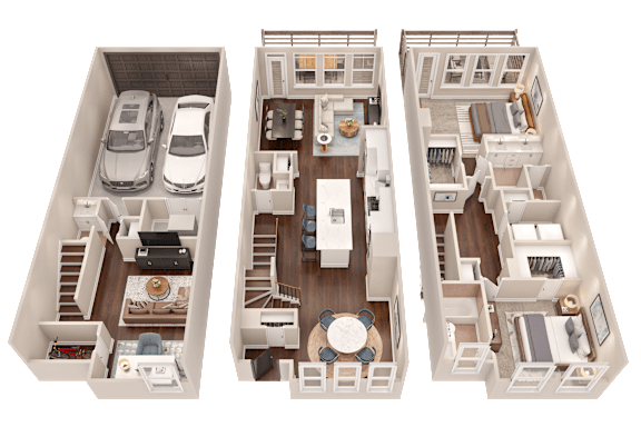 Three floor plans of a house with a car parked in the garage.