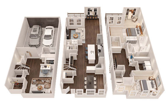 Three floor plans of a house with a car parked in the garage.