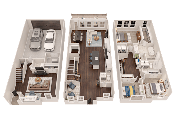 Three floor plans of a house with a kitchen, living room, and bedrooms.