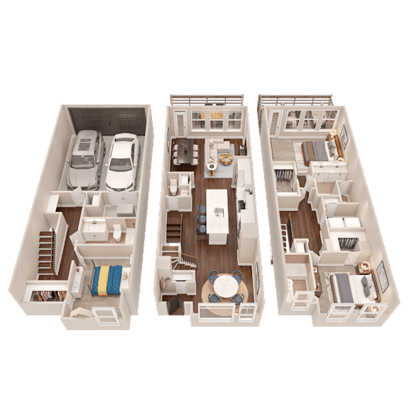 Three floor plans of a house with a car parked in the garage.