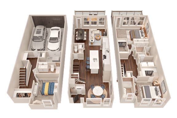 Three floor plans of a house with a car in the garage.