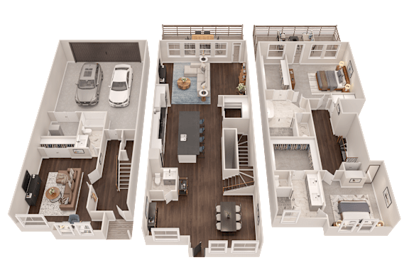 A set of three floor plans for a house.