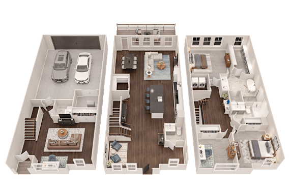 A set of three floor plans for a house with a garage, living room, and kitchen.