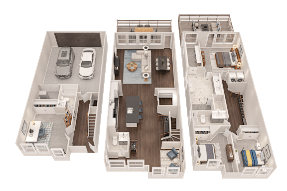 Three floor plans of a house with a car parked in each.
