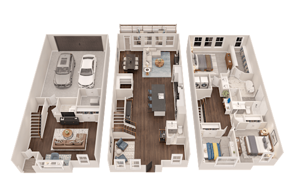A 3D floor plan of a house showing three different rooms.