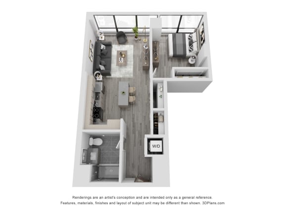 a stylized floor plan with a bedroom and a living room