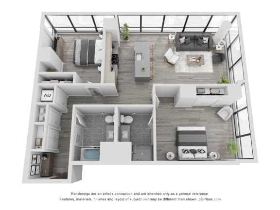 two bedroom two bath apartment 3D floor plan image 1241 square feet
