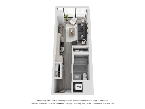 a stylized floor plan with a bedroom and a living room