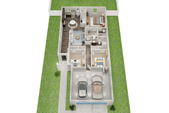 A 3D rendered image of a house with a garage.