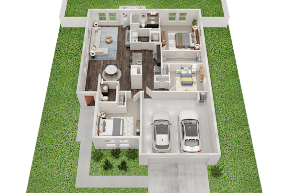 A 3D model of a house with a swimming pool and two cars.