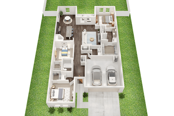 A 3D floor plan of a house with two bedrooms, two bathrooms, a living room, a kitchen, and a garage.