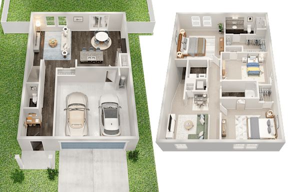 Two floor plans of a house with a garage and a living room.