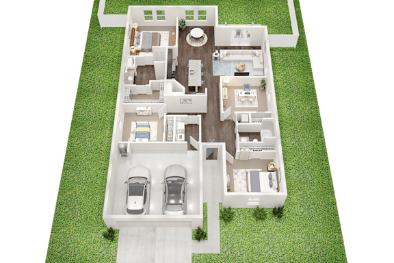 A house plan with two bedrooms, a living room, a kitchen, a bathroom, and a garage.