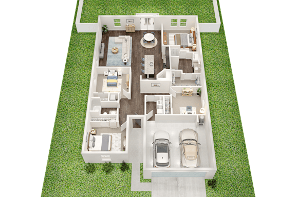 A 3D rendered image of a house layout with a garage and two cars.