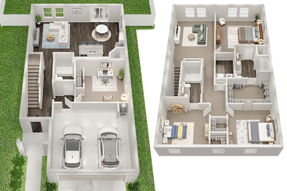 Two floor plan images of a house with a car parked in the driveway.