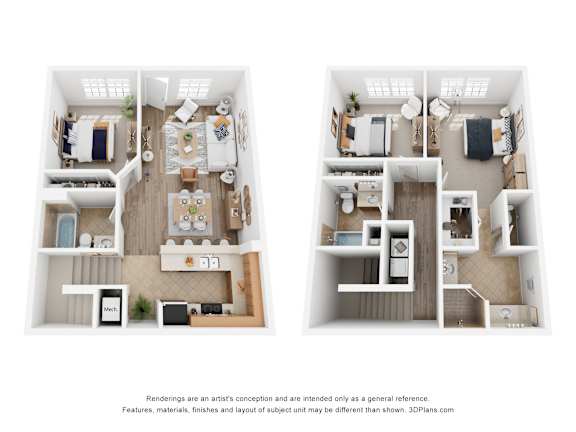 Floor Plan  Two images of a small apartment layout with a kitchen, living room, and bedroom.