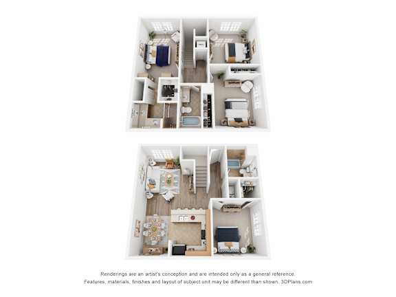 Two floor plans of a house with a kitchen, living room, and bedrooms.