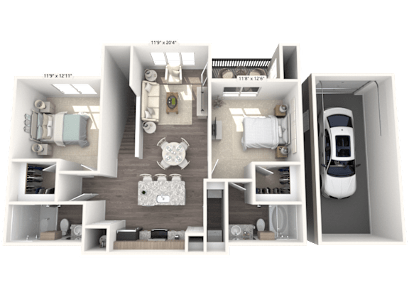 Spacious 2 bedroom apartment floorplan in North Georgetown TX near Austin, 1,105 sq ft