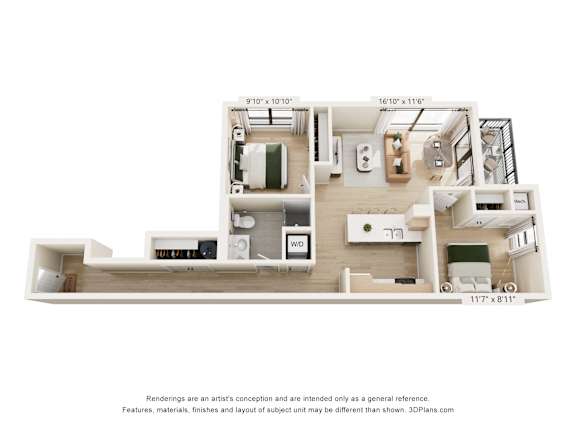 A 3D floor plan of a house with a kitchen, living room, and two bedrooms.