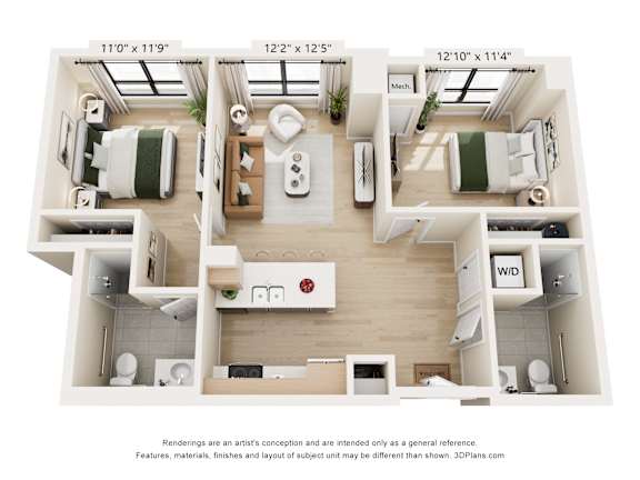 A diagram shows three different floor plans for a small apartment.