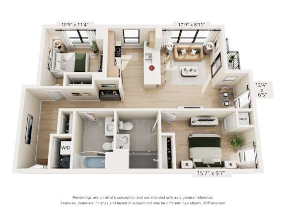 A floor plan of a two-bedroom apartment with a living room, kitchen, and bathroom.