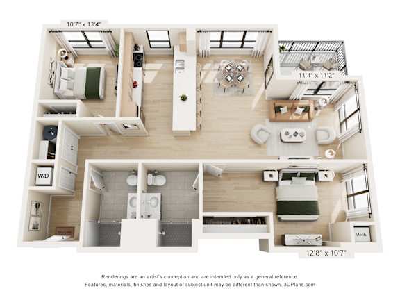 A floor plan of a house with a living room, kitchen, and two bedrooms.