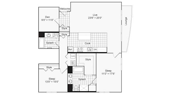 A floor plan of a house with a den, style, splash, cook, and sleep area.