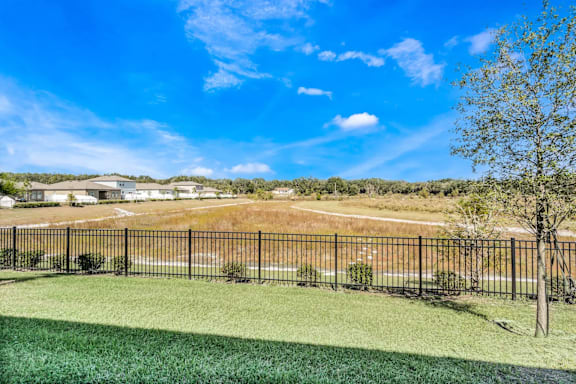 A black fence surrounds a green lawn with a tree and a house in the background.