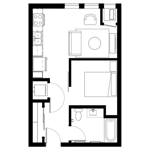 A floor plan of a house with a kitchen, living room, and bathroom.