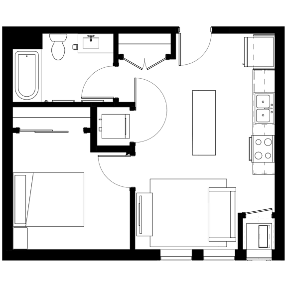 A floor plan of a house with a kitchen, living room, and two bedrooms.