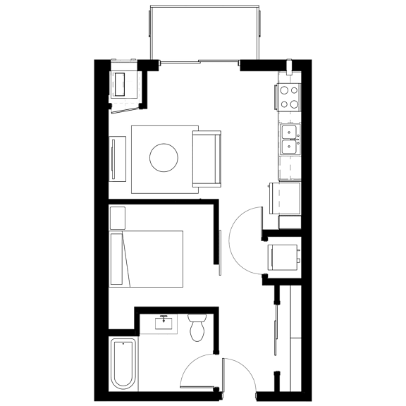 A floor plan of a house with a kitchen, living room, and bathroom.