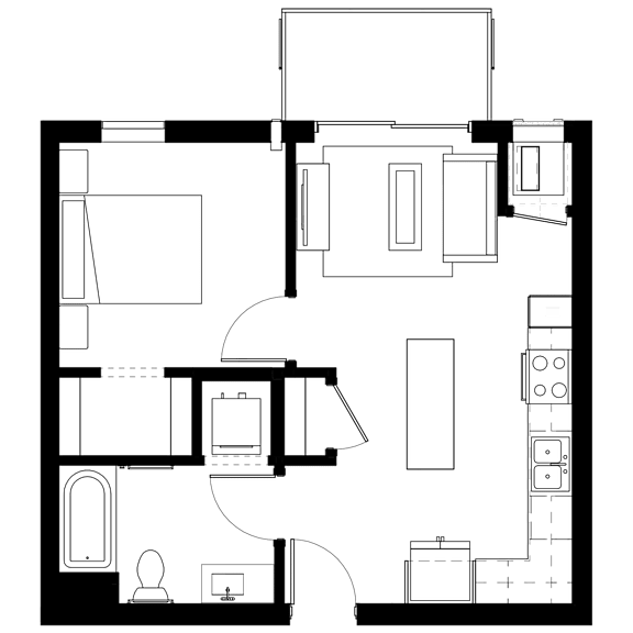 A floor plan of a house with a kitchen, living room, and two bedrooms.