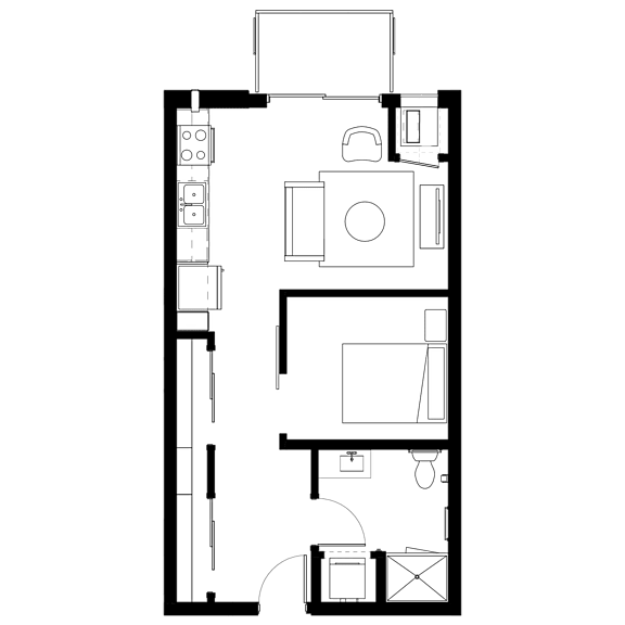 A floor plan of a room with a kitchen area, a living room, and a bathroom.