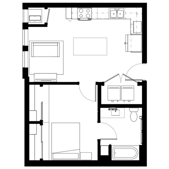 A floor plan of a house with a kitchen, living room, and two bedrooms.